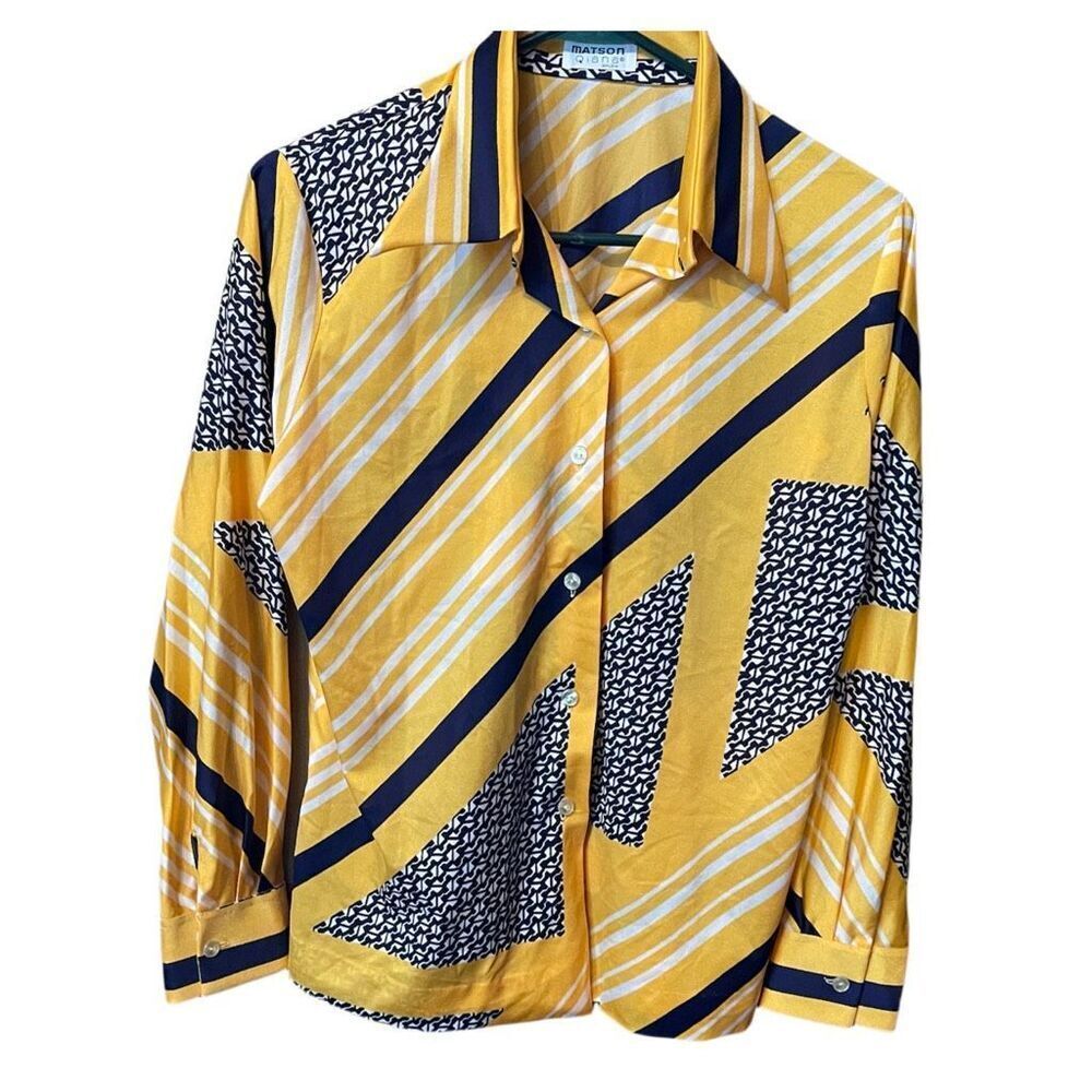 Vintage Masson Qiana size 16 top z& scarf 1970’s nylon geo print button down.